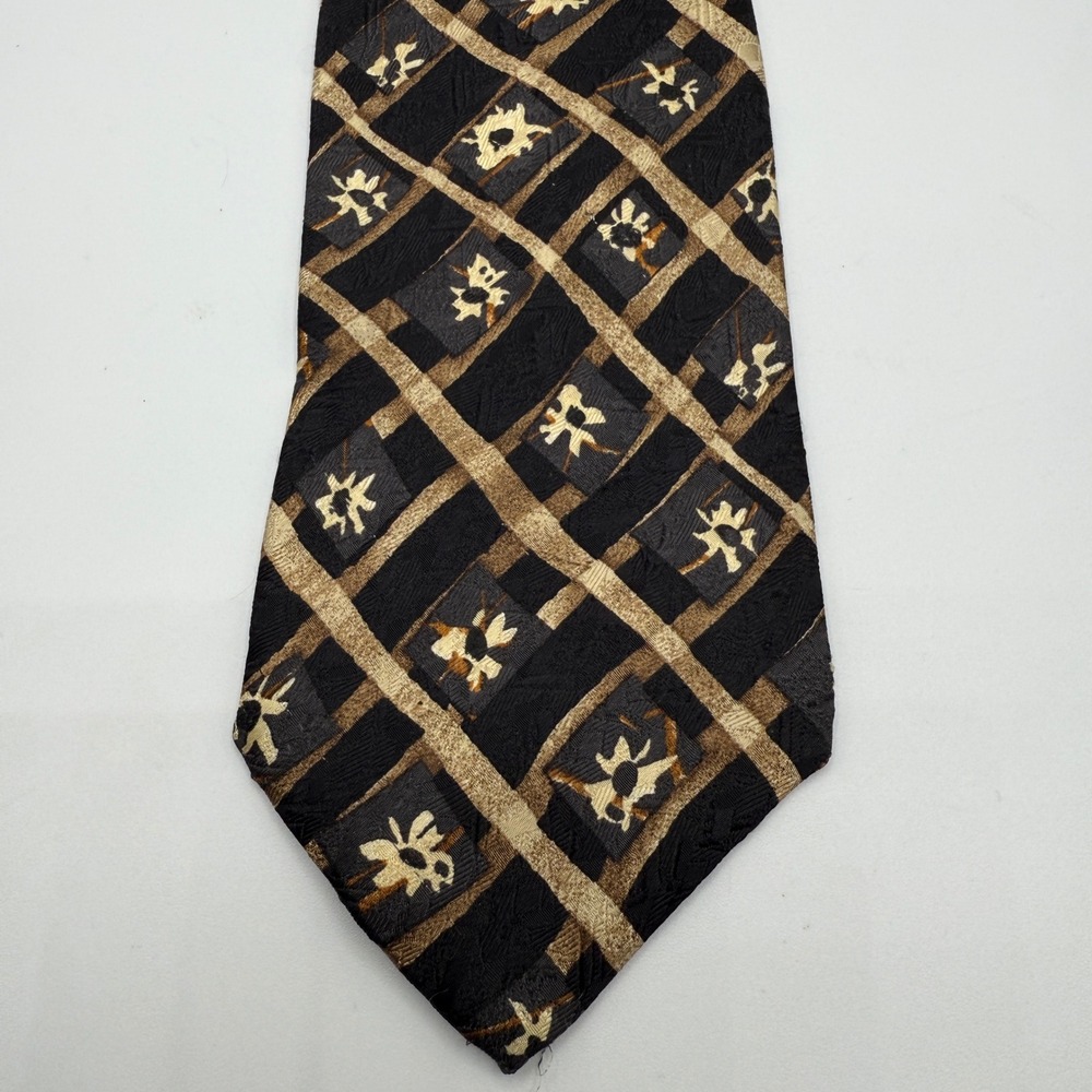 Ermenegildo Zegna Silk Tie Black Gold Geometric‎ Pattern Luxury Mens **READ
